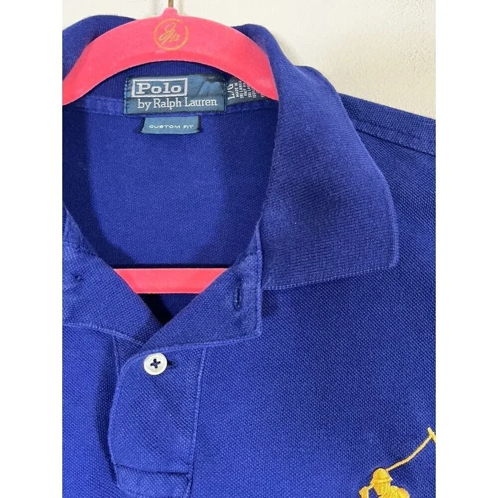 Ralph Lauren Polo Shirt Blue L Gold Horse Embroidery Preppy‎ Luxury Classic 90s